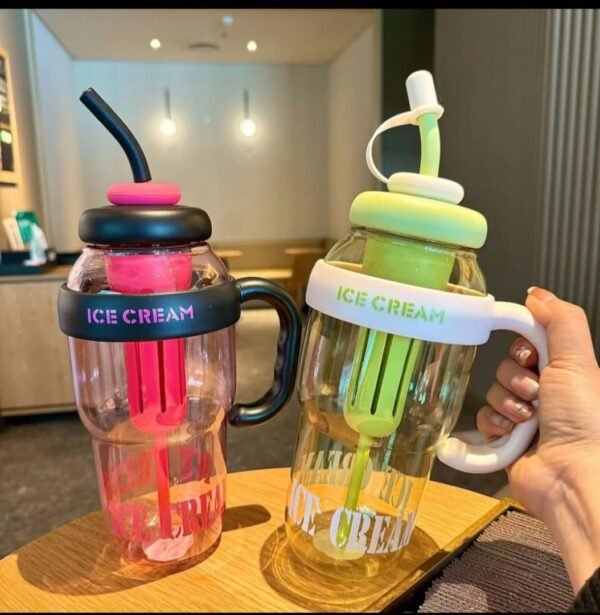 Cute Ice Cream Plastic Water Bottle with Straw & Handle