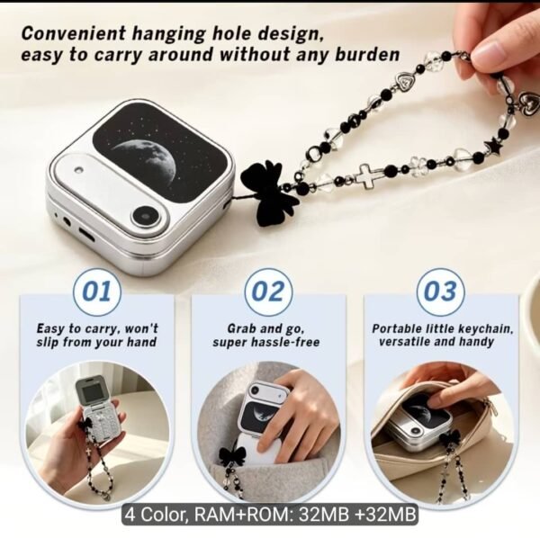 Mini Flip 2G Button Phone with Cute Phone Lanyard