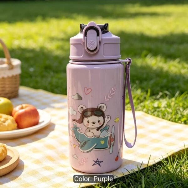 500ML Cute Dinosaur Water Bottle with Straw & Carrying Strap